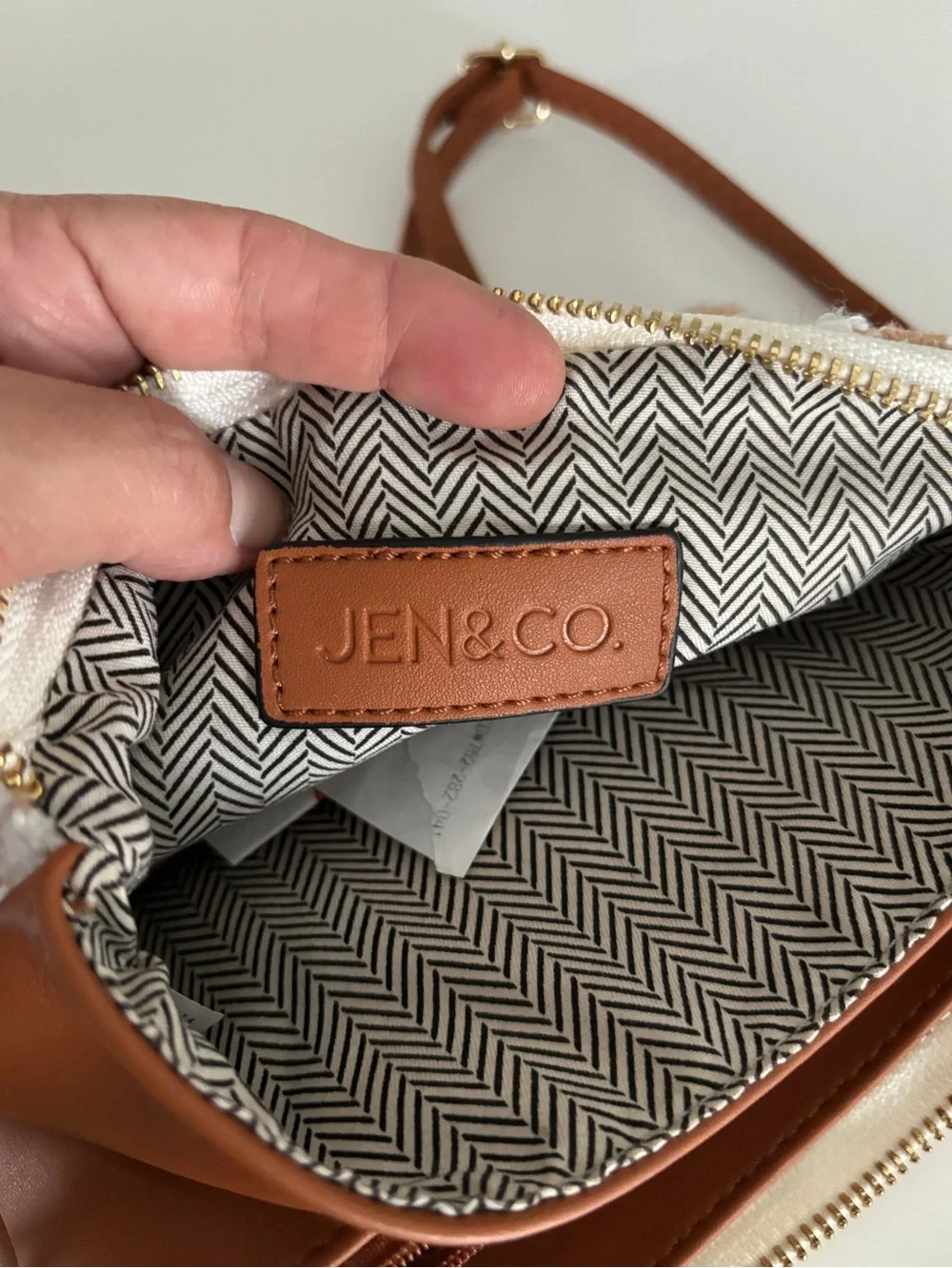 Woven Beige and White Houndstooth Crossbody Bag with Tan Strap